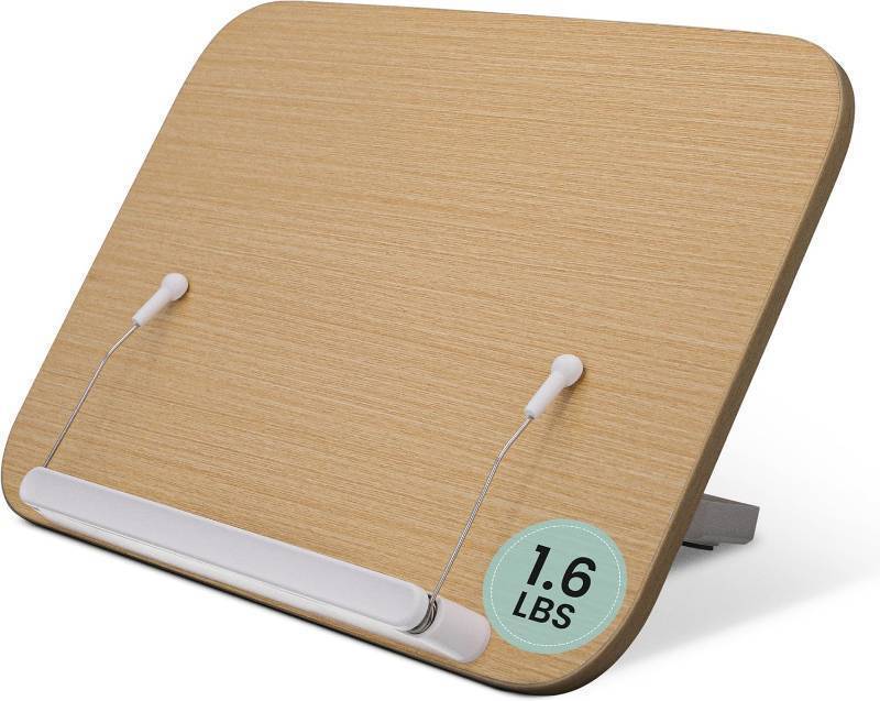 lot 5844 image: Wood Book Stand - Book Holder for Reading Hands Free, Foldable, Adjustable Book Display Stand, Cookbook Stand Portable, Lightweight Page Holder for Book Lovers, Cooks, Students 13.4x9.4