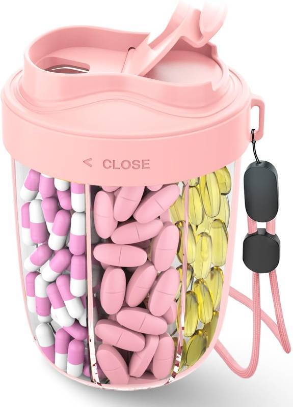 lot 2028 image: Large Pill Organizer,Supplement Organizer for 7 Different Vitamins,Pill Dispenser with Anti-Mixing Design,Easy to Retrieve Meds,Includes 20 Pcs Labels,Travel Pill Organizer(Pink)