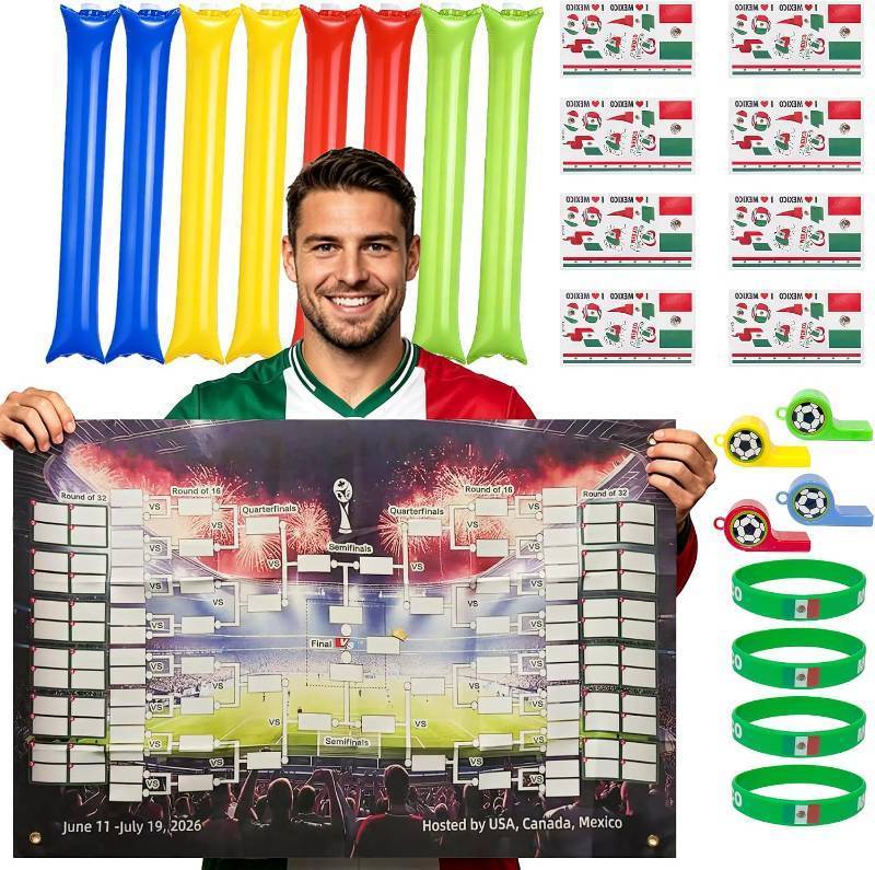 lot 2031 image: Wildarms Mexico Soccer Fan Party Kit 21PCS with Noise Sticks, Tattoos, Wristbands & Match Poster (Mexico)