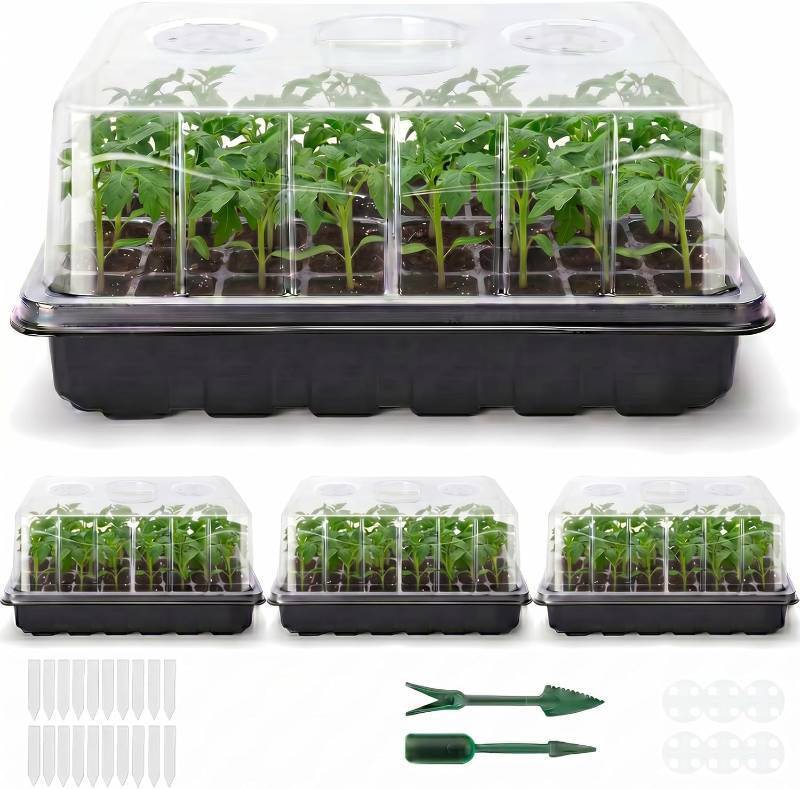lot 14135 image: Delxo 144 Cells Seed Starter Kit 3 Pack Large Seedling Starter Tray Total with Humidity Domes - Adjustable Vents & Deep Base Germination Kit for Indoor Gardening - Includes 10 Tags & Tools