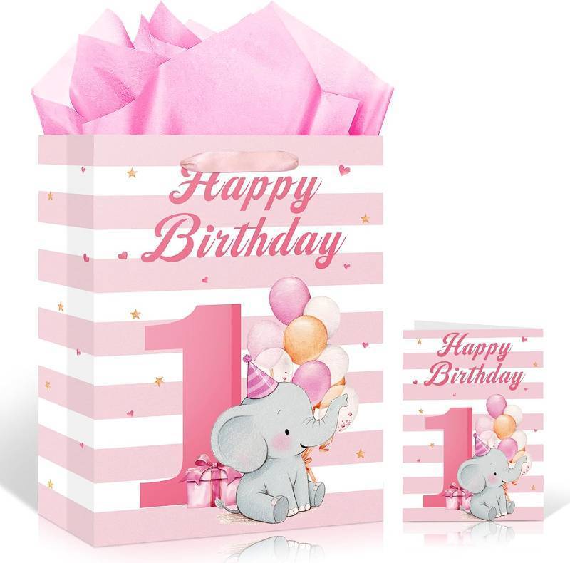 lot 2021 image: Girl 1st Birthday Gift Bag Large Pink Elephant First Birthday Gift Bag with Handles Wrapping Paper Card Pink White Elephant Balloon Baby Shower Bag for Girl Kid One Year Old Party Supplies Decorations