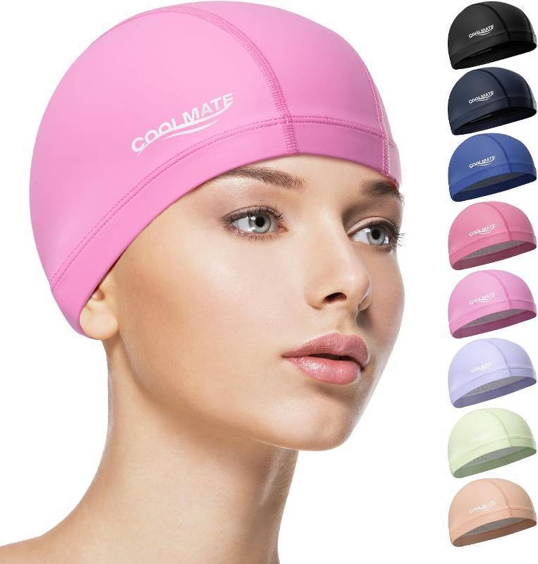 lot 14182 image: COOLMATE Fabric Swim Cap for Women, Men &amp Kids, Lightweight, Color Light Pink - THREE PACK