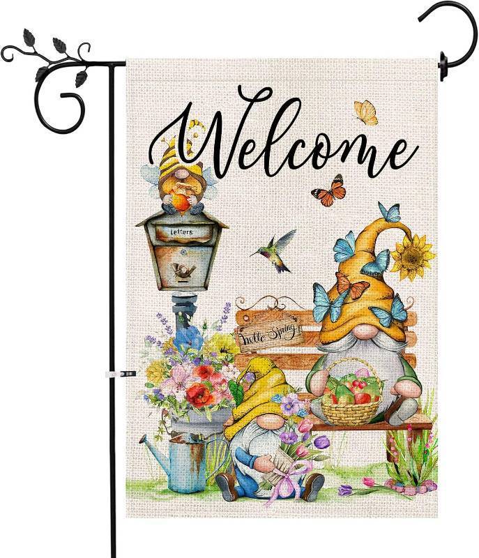 lot 2007 image: Spring Welcome Garden Flag 12 x 18 inch Double Sided Outside decorations, Spring Summer Gnomes Flower Small Garden Flags for Outdoor Yard