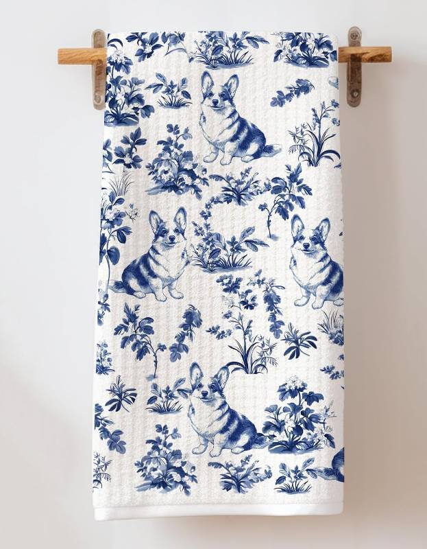 lot 14197 image: Corgi Dog French Toile De Jouy Kitchen Towel - Inspired by Toile De Jouy Kitchen Decoration - Dish Towel Gift for Women - Corgi Dog Lovers On Mothers Day Or Holiday