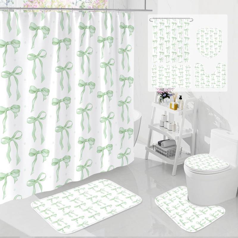 lot 2061 image: Litabel 4Pcs Cute Sage Bow Shower Curtain Sets with Rug, Toilet Lid Cover and Bath Mat, Aesthetic Bowknot Shower Curtains for Green Bathroom Decor, Modern Minimalist White Waterproof Bathroom Set