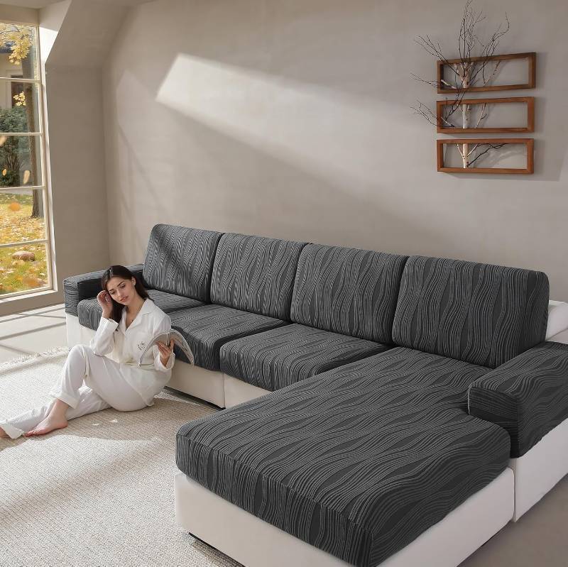 lot 2039 image: QIANMEW Couch Cushion Covers, Super Stretch Washable Sofa Slipcovers for L Shaped & Modular Seats, Pet-Friendly Furniture Protector with Stripe Design, (1 Back Cover, Dark Gray)