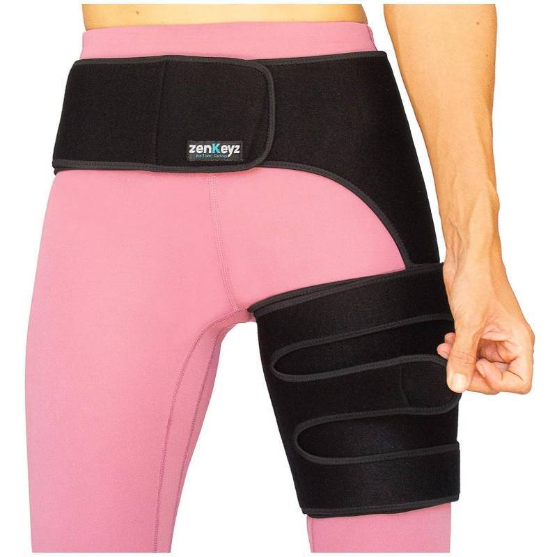 lot 2041 image: ZENKEYZ Hip Brace - Copper-Infused, Left Leg, One Size, Adjustable  Copper neoprene 3-strap wrap - sacroiliac & thigh support - Use for hip pain, sciatica & recovery