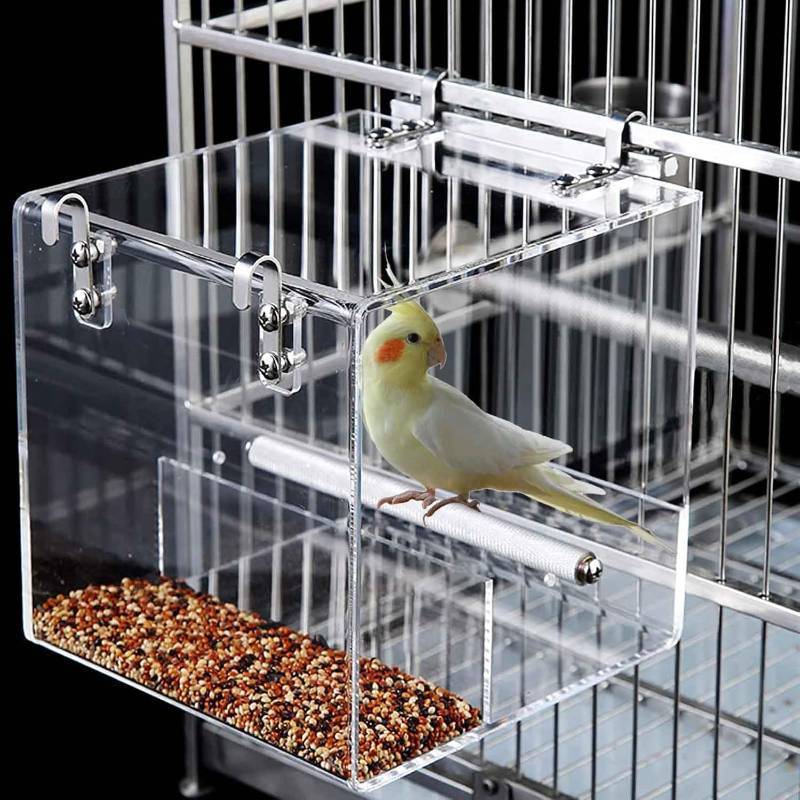 lot 19293 image: No Mess Bird Feeder for Cage, Automatic Acrylic No Mess Bird Feeder Cage for Parrots Canary Parakeet Budgerigar Crested Myna Cockatiel Lovebird (Large)