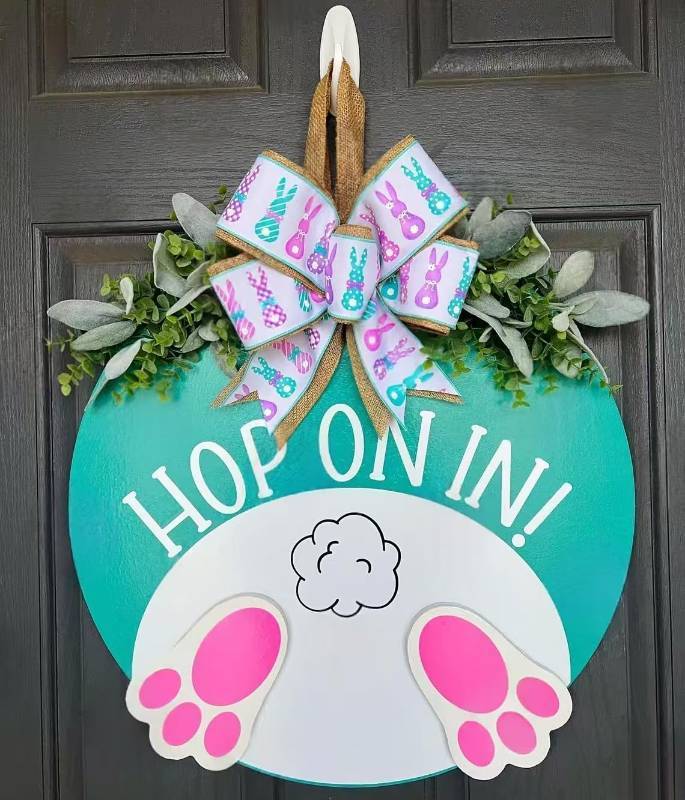 lot 14160 image: 3D Easter Door Wreaths Decorations, Easter Bunny Wreaths Sign for Front Door, Wooden Door Hanger Sign with Bow Home Rustic Farmhouse Decoration Outside Indoor (Easter)