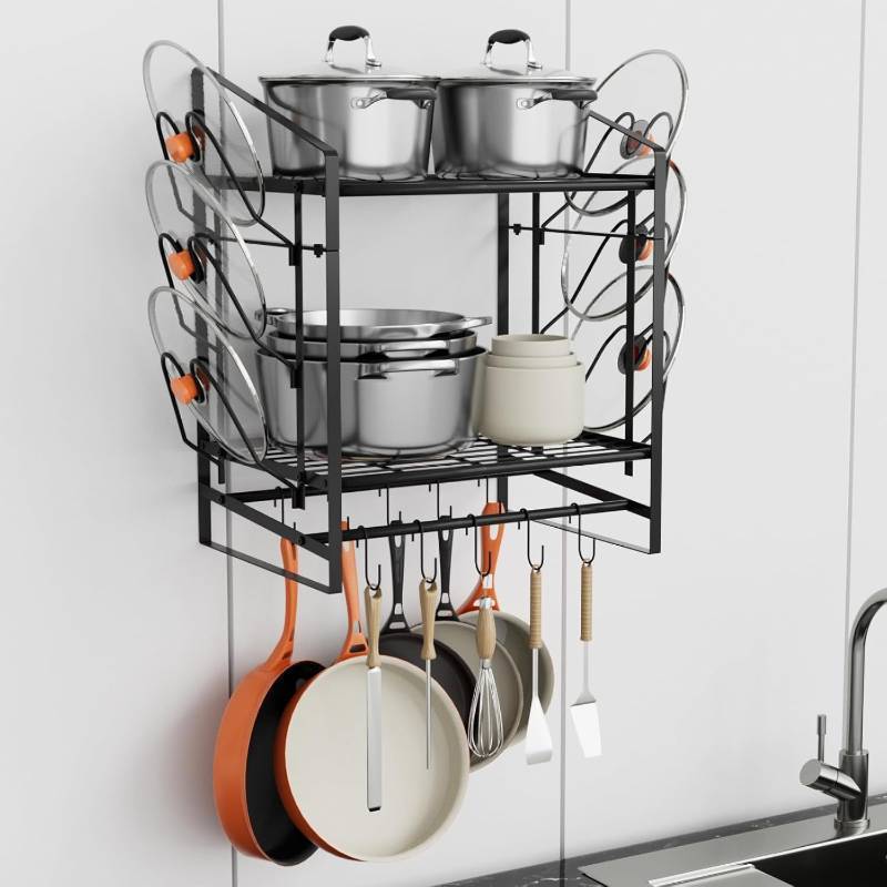 lot 22900 image: VyGrow 17 Inch Pot Rack Wall Mounted, 2 Tier Pots and Pans Organizer with 10 Hooks and 6 Pot Lid Holders, Heavy Duty Steel Pot and Pan Hanger for Kitchen Cookware Utensils Storage 24 Lx13 Wx20.5 H