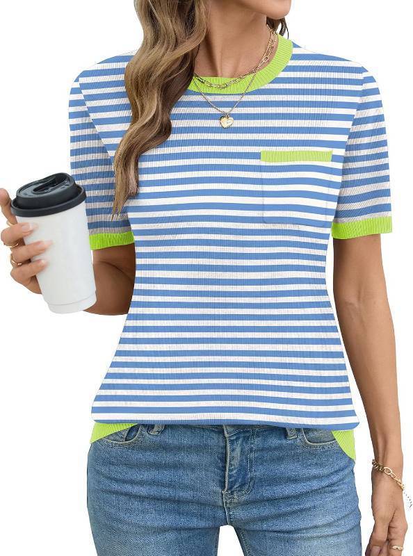 lot 28933 image: Rapbin Short Sleeve Sweater for Women Spring Summer Knit Tops Crew Neck Casual Lightweight Pullover Sweaters with Pocket SIZE S