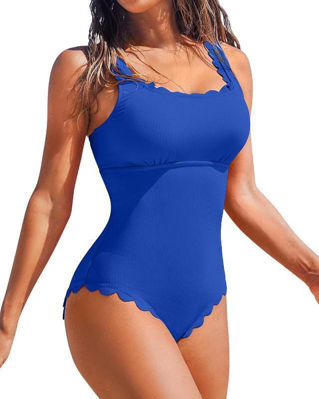 lot 23201 image: Charmo Womens Scalloped Ribbed One Piece Swimsuits Retro Square Neck Modest Bathing Suits SIZE L