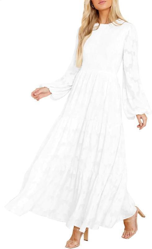 lot 23257 image: MITILLY Womens Elegant Floral Long Sleeve Round Neck Smocked A-Line Flowy Tiered Maxi Dress with Pockets SIZE L