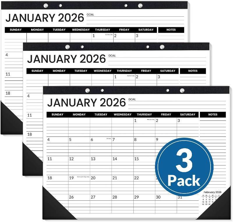 lot 19211 image: SUNEE Desk Calendar 2026 3 Packs - 18 Month Calendar Oct 2025 - Mar 2027, 17 x 12 Desktop Calendar with Notes, for Planning, Organizing in Family, School or Office - Black 2026 Calendar