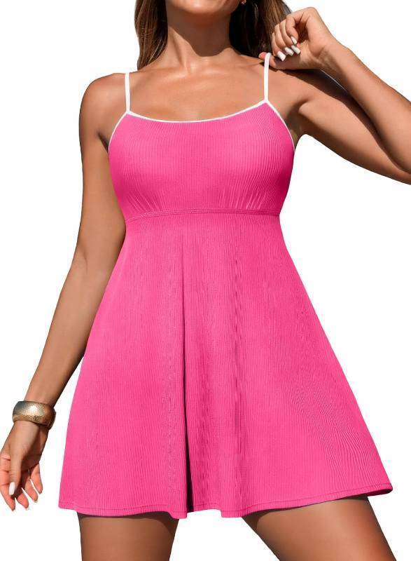 lot 23272 image: Aleumdr Womens Ribbed One Piece Swimsuits Modest Swim Dress Tummy Control Adjustable Straps Bathing Suit with Pockets COLOR IS BLUE SIZE M
