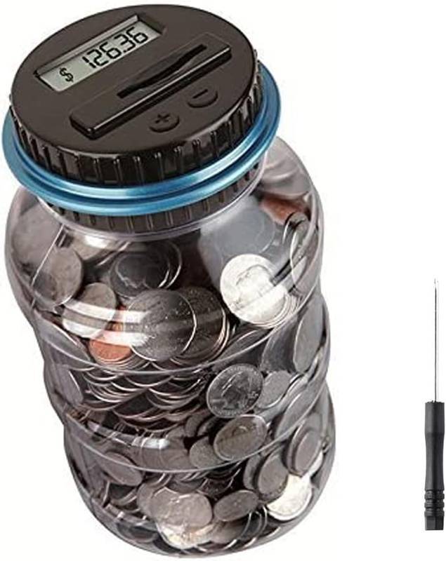 lot 27253 image: Coin Piggy Bank Saving Jar, Winnsty Digital Coin Counter with LCD Display Large Capacity Money Saving Box for All US Coins (Blue)