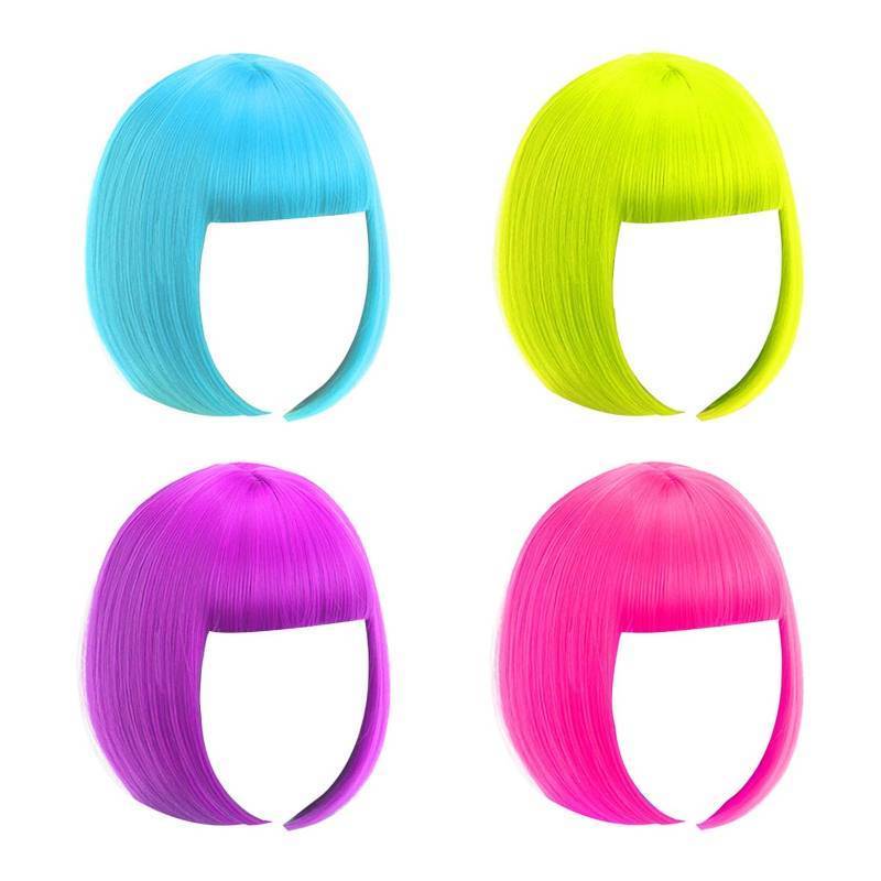 lot 27275 image: LIULIUBTY Short Bob Wig, 4 Pieces Colorful Wigs, 12 Cosplay Wigs with Flat Bangs, Neon Colored Wig for Women Party Favors Bachelorette Party Night Club with Extra Wig Cap