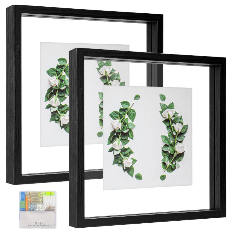 lot 7426 image: MUYE 10x10 Floating Frames Set of 2,Double Glass Picture Frame Display Any Size Photo up to 10x10,Wall Mount or Tabletop Standing,Black