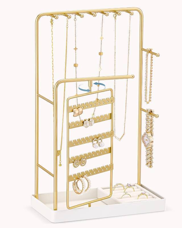 lot 2255 image: Lolalet Jewelry Organizer Stand, No Assembly Needed Display Storage with Rotating Earring Holder for Necklace Bracelet Rings, Galentines Valentines Gifts Room Dorm Decor for Women Girls -Gold