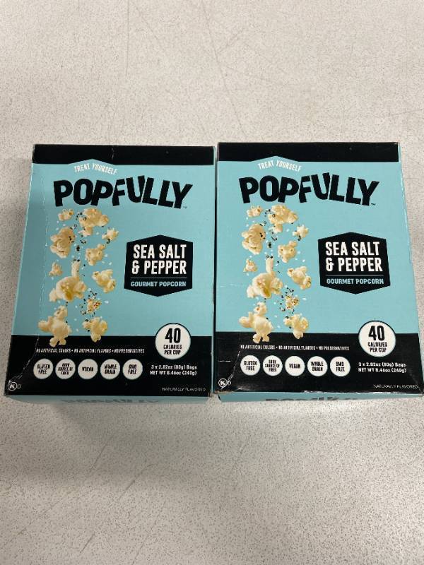 lot 2239 image: 2 Boxes POPFULLY Sea Salt & Pepper Popcorn, Sharing Bags, Savory Flavor, Big Pop, Micro Popcorn Bags - 3-Packeach