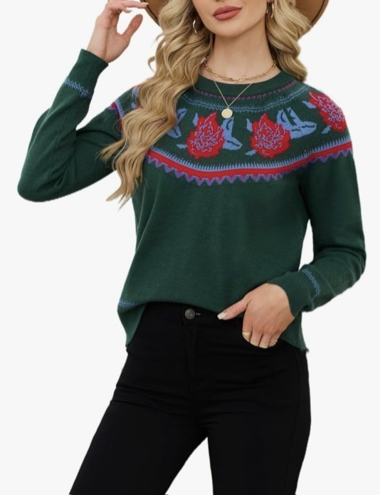 lot 8555 image: Women s Christmas Floral Knit Sweater Long Sleeve Pullover Winter Crewneck Jumper Holiday Casual Tops SIZE L