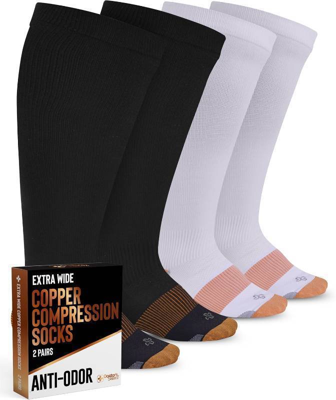 lot 8517 image: Doctors Select Copper Plus Size Compression Socks Wide Calf - 2 Pairs  20-30mmHg Extra Wide Calf Compression Sock Women  Compression Sock for Women Plus Size for Traveling & Running  Compression Socks Men Wide Calf  Black & White