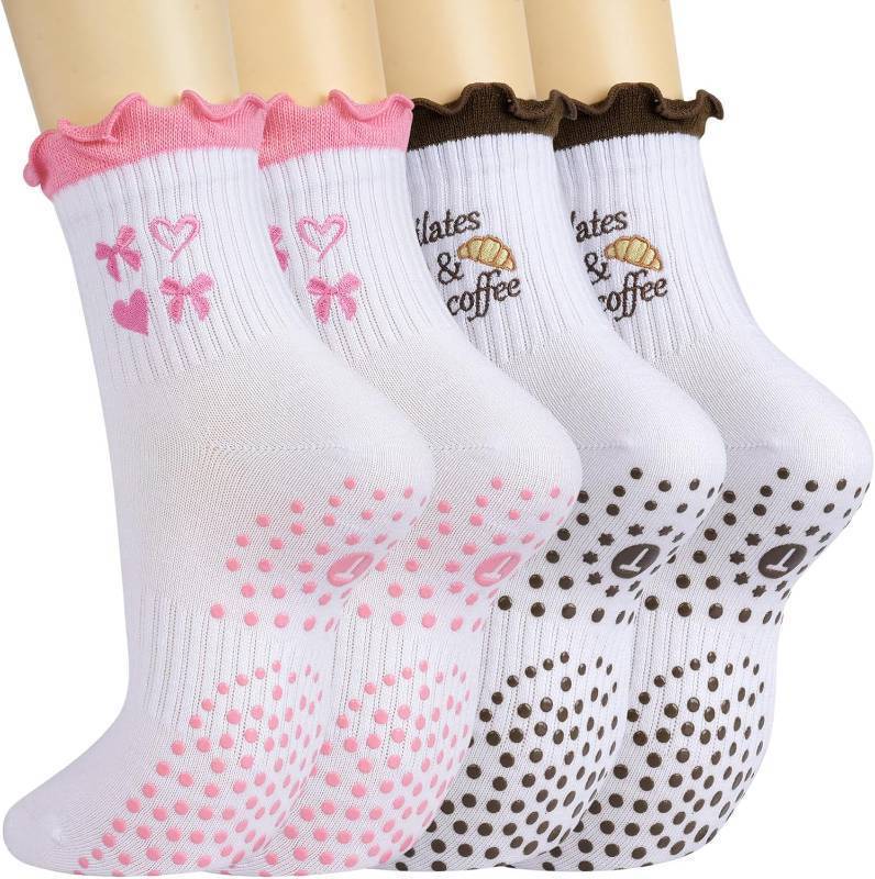 lot 2208 image: 2 Pairs Womens Cute Pilates Ruffle Socks, Grippy Non-Slip Crew Socks with Embroidery for Yoga Barre Workout