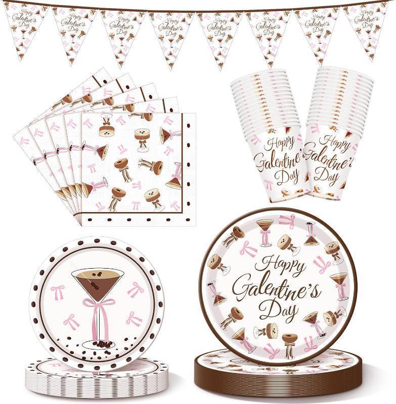 lot 8373 image: Qinyoung 25 Set Galentines Day Party Banner Decorations Espresso Martini Pink Bow Tableware Set Galentines Day Disposable Paper Dinner Plates Napkins and Cups for Valentines Party Supplies
