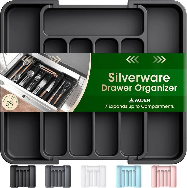 lot 8168 image: Aujen Silverware Organizer - Expandable Kitchen Drawer Organizer, Adjustable Utensil Organizer, Cutlery Tray for Forks, Knives, Multipurpose Kitchen Organizers and Storage Solution, Black, Medium
