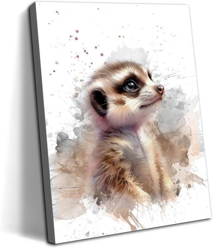 lot 6017 image: Watercolor Meerkat Painting Wall Art Cute Meerkats Portrait Poster Funny Wild Animal Pictures Wall Decor Framed Canvas Print for Living Room Bedroom Bathroom Kids Room Corridor Decoration 12x16 inch