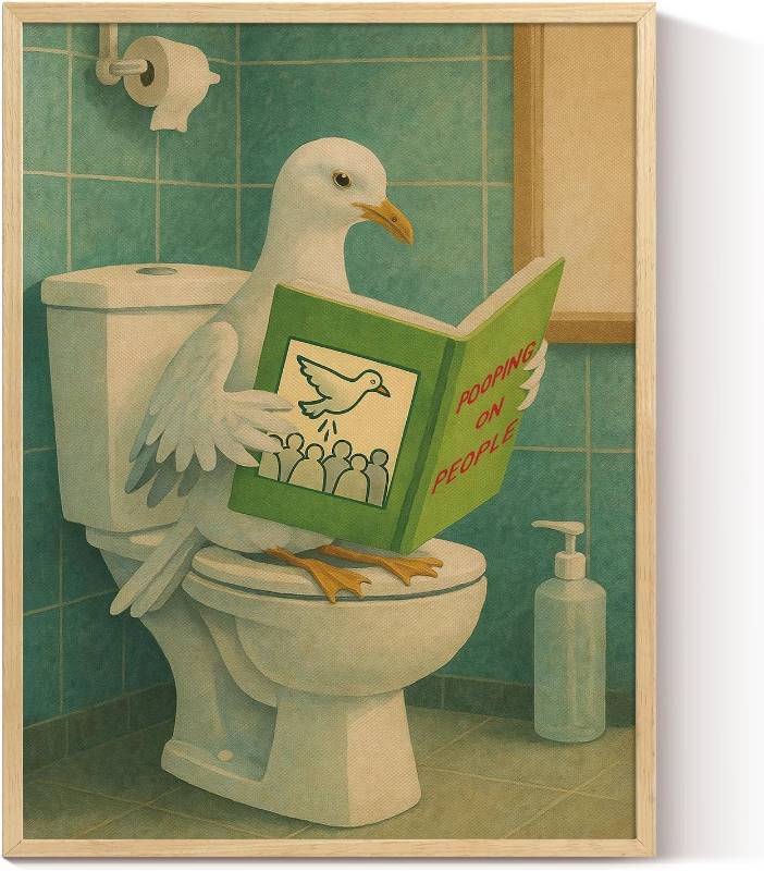 lot 8372 image: InSimSea Framed Canvas Wall Art Prints, Bathroom Wall Decor, Funny Reading Pigeon Toilet Paintings, Retro Trendy Relaxation Humor Aesthetic Restroom Small Shelf Decor, 12x16inch