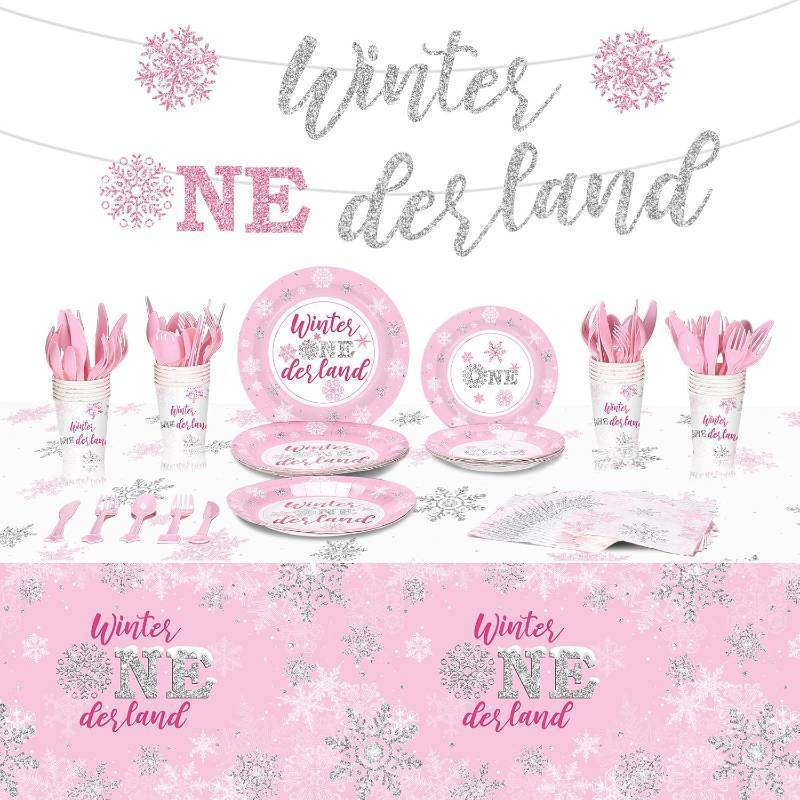 lot 2745 image: Tiamon 172 Pcs Winter Onederland Party Supply, Girls 1st Birthday Banner Pink and Silver Snowflake Tablecloth Winter Snowflake Plate Napkin Cup Tableware Set for Girl First Birthday Party Supply Decor