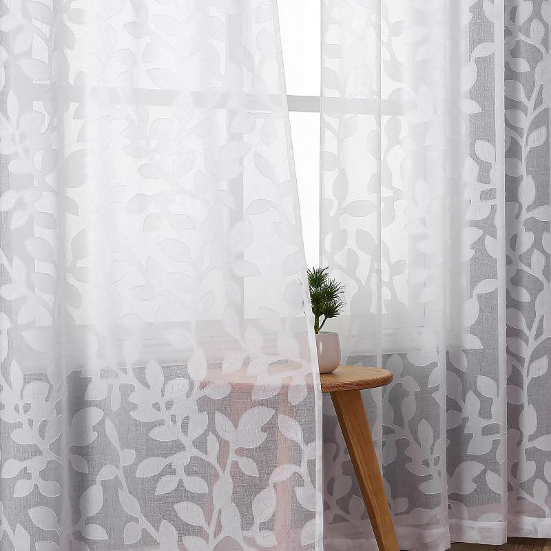 lot 3010 image: Leaf Jacquard Back Tab Curtains - White - 2x50x120