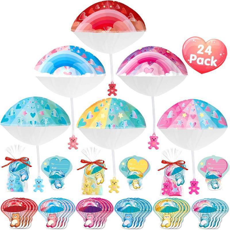lot 3601 image: Valentines Day Gifts for Kids 24Pcs Parachute Toys Cute Bear Hand Throwing Toys with Gift Cards, Outdoor Flying Toys for Girls Boys Ages 3-12 Valentines Party Favors Classroom School Exchange Prize