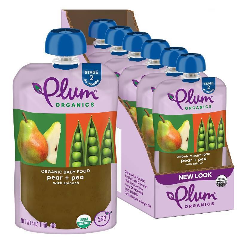lot 2960 image: Plum Organics Stage 2 Organic Baby Food - Pear  Pea with Spinach - 4 oz Pouch (Pack of 6) - Organic Fruit and Vegetable Baby Food Pouch