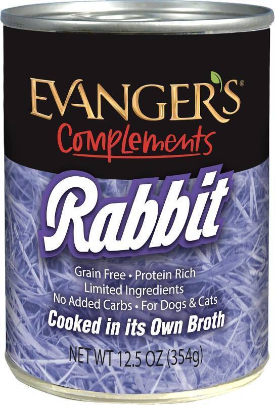 lot 5548 image: TWELVE COUNT - Evangers Complements Rabbit for Dogs &amp Cats, 12.5 oz Each   Single-Protein Formula Cooked in Broth   Grain &amp Gluten Free   Wet Dog &amp Cat Food