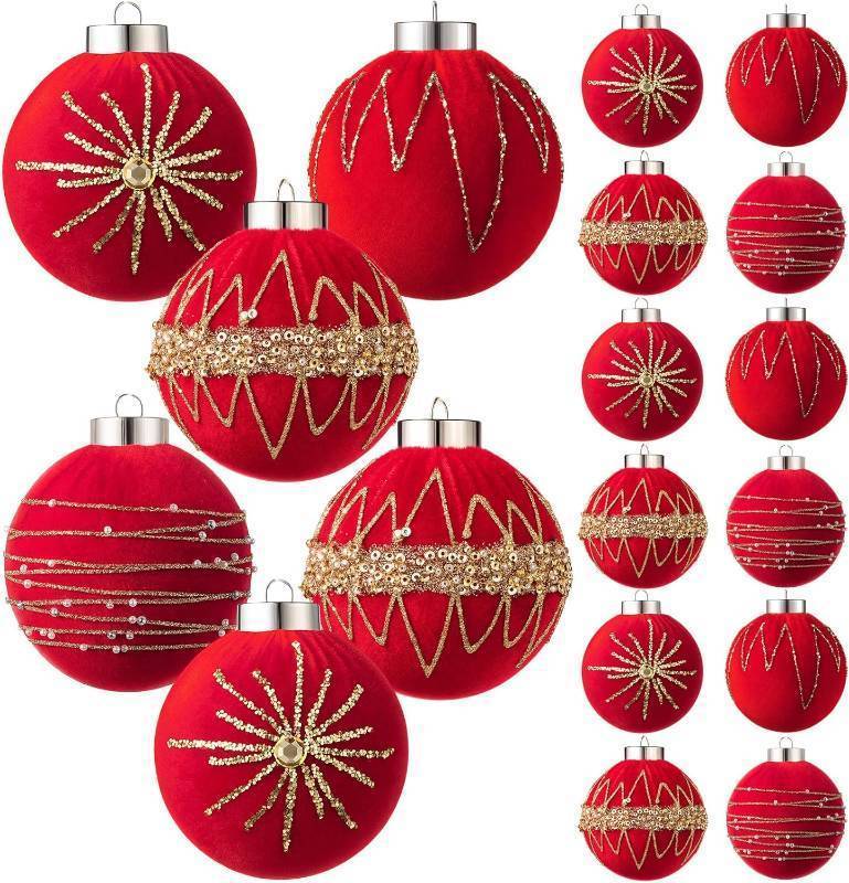 lot 2988 image: 12 Pcs Red Velvet Christmas Ornaments 80mm 3.2 Inches Large Neutral Flocked Ball Hanging Ornament Xmas Balls Set for Christmas Tree Decorations Party Hanging Decor