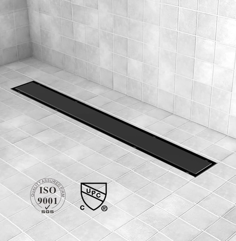 lot 153 image: Linear Shower Drain, 40 inch Black Drain with Tile Insert 2-in-1 Panel, Shower Floor Drain, Linear Drain with Hair Strainer and Adjustable Feet