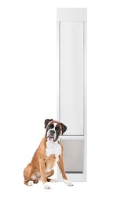 lot 13 image: PetSafe Sliding Glass Pet Door, 1 Piece, Large Dogs to 100 lbs, White Retails $179
