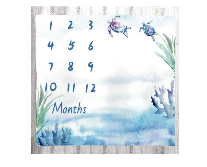 lot 37800 image: Baby Monthly Milestone Turtle Blue Ocean Nursery Blanket, Age Chart 48x40 Inch Swaddling BTXTLY45 - Retail $17