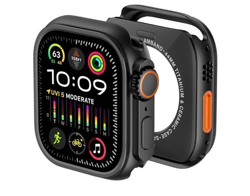 lot 37829 image: 3 in 1 Metal Case Compatible with Apple Watch Series SE 3SE 2SE 654 44mm, W1 Protector Rugged Bumper with Watch Crown  Back Cover, Black - Retail $18