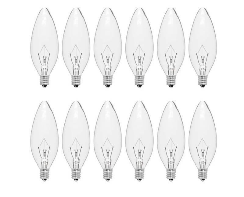 lot 37924 image: 12-Pack 60 Watt Chandelier Light Bulbs, Incandescent Candle Light Bulb - Warm White 2500K, 500 Lumen Dimmable, E12 B10 Clear Candelabra Light Bulbs for Vanity, Ceiling Fan, Wall Sconces (60 Watts) - Retail $20