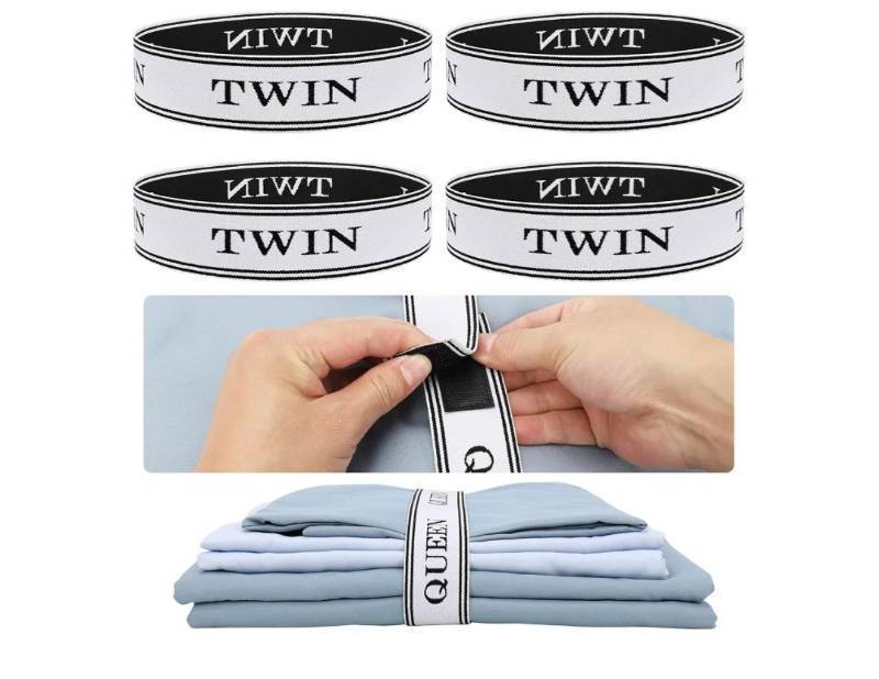 lot 37932 image: Bed Sheet Organizer Bands with Hook and Loop Adjustable Sheet Organizers and Storage Label Bands for Linen Closet-Elastic Bedding Sheet Keeper Straps for Bedsheet Sets (Twin 4PCs) - Retail $8