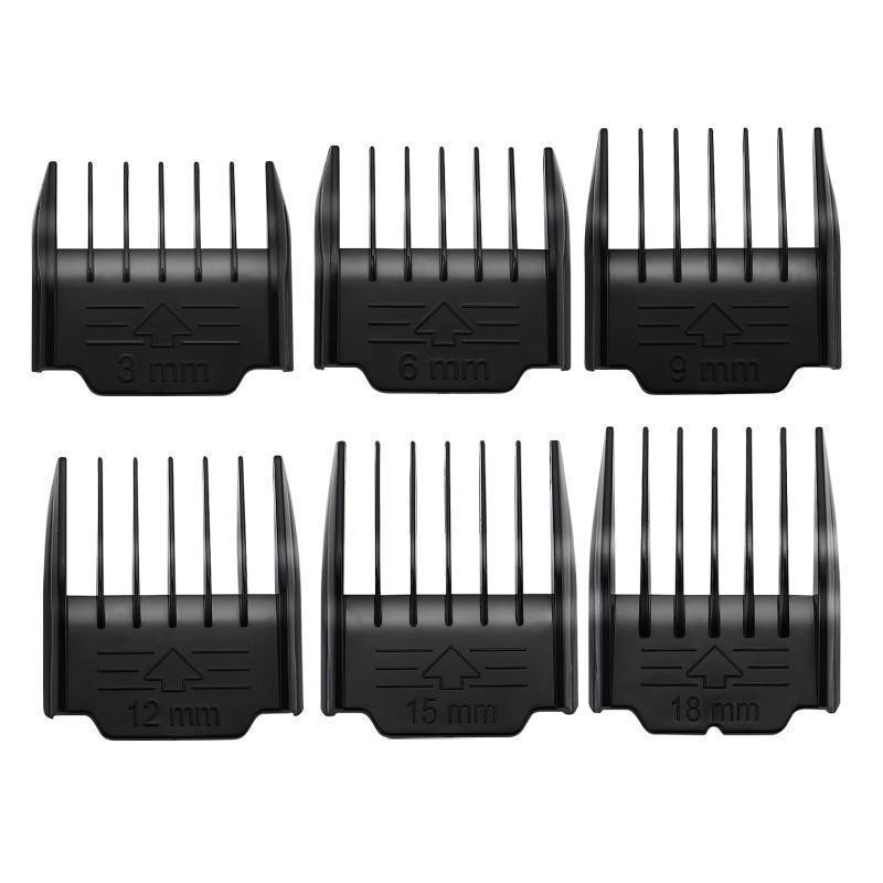 lot 37991 image: 6 Pack Attachment Guide Comb Guards Compatible with oneisall Low Noise Dog Clippers, Size from 3mm-18mm Cut Length, Black - Retail $10