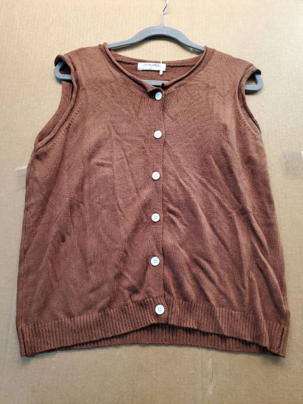lot 38022 image: Womens Sleeveless Knit Button-Front Vest Brown, L - Retail $18