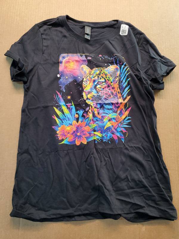lot 38048 image: Black Graphic T-Shirt with Neon Leopard and Tropical Floral Design, M - Retail $12