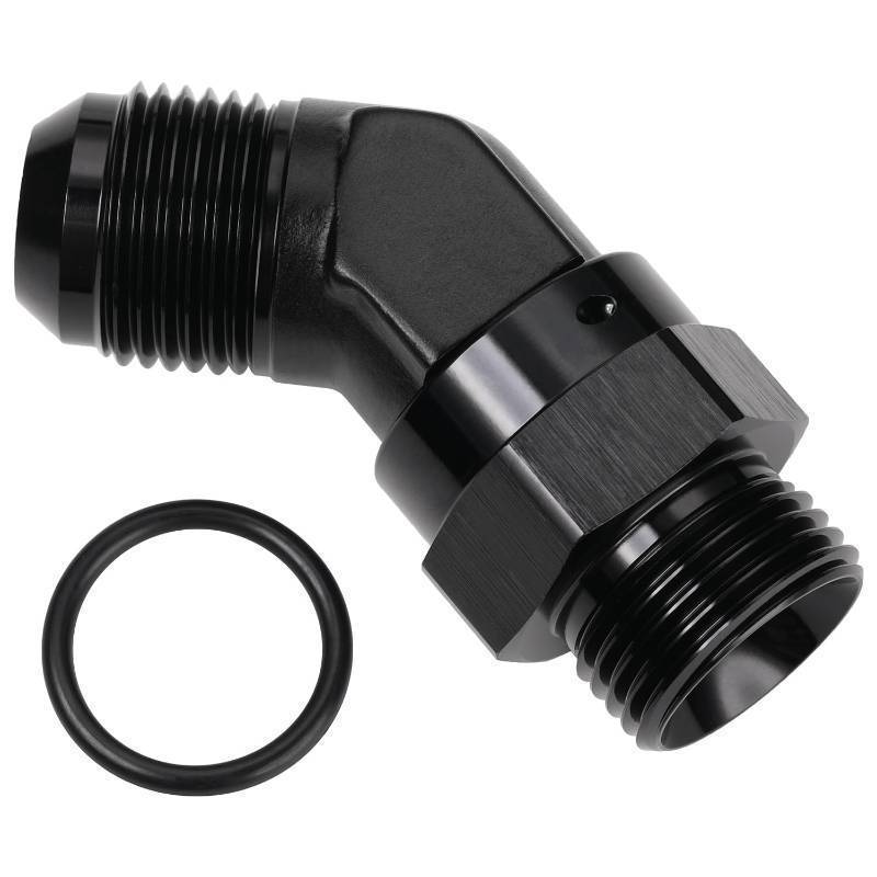 lot 17230 image: Podavelle 10AN Male Flare to 10AN -10 ORB O-ring Boss 45 Degree Swivel Fitting Adapter Aluminum Black MISSING RING - Retail $20