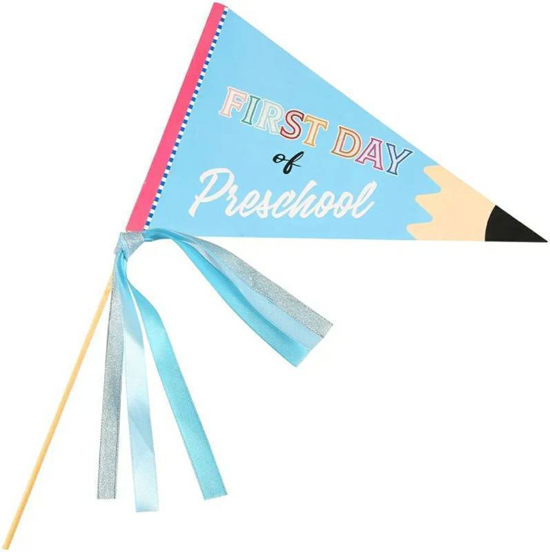 lot 17250 image: First Day of Preschool Flag, Pennant Banner Flags with Ribbons and Wood Stick Festive Party Pennants Cheerful Kindergarten Flag Decorative Preschool Banner for First Day of School Decorations - Retail $9