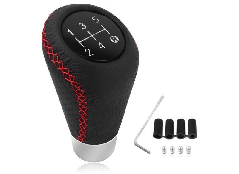 lot 17222 image: Car Gear Shift Knob with 4 Adaptive Parts, Leather 5 Speed Shift Knobs for Replacement Broken Shifter Knobs, Universal Non-Slip Manual Shift Knob Car Interior Accessories for Most Vehicles (BlackRed) - Retail $9