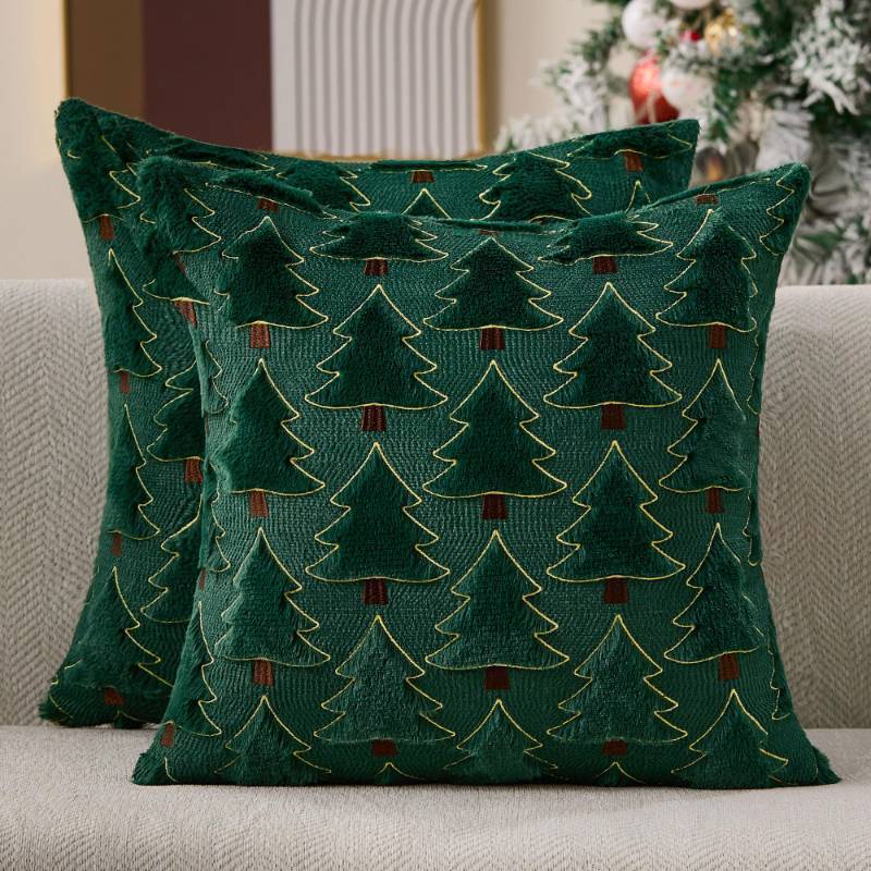 lot 36139 image: Christmas Pillow Covers 18x18 inch Set of 2 Xmas Decorations Soft Plush Faux Fur Wool Green Yellow Christmas Tree Throw Pillow Cases Winter Holiday Decor for Sofa Living Room PT-012A18 - Retail $26